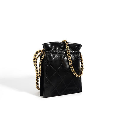 Women’s Genuine Leather Quilted Chain Bucket Bag – Chic Crossbody for Daily Style