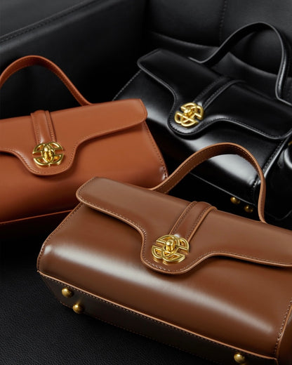 Women's Genuine Leather Top-Handle Bag with Signature Gilded Lock Closure