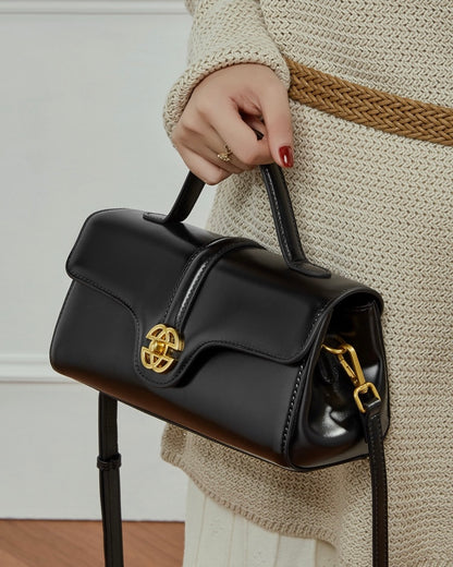 Women's Genuine Leather Top-Handle Bag with Signature Gilded Lock Closure