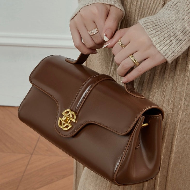 Women's Genuine Leather Top-Handle Bag with Signature Gilded Lock Closure