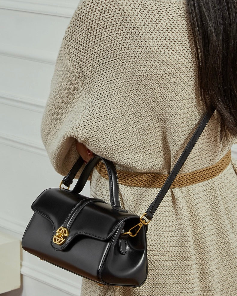 Women's Genuine Leather Top-Handle Bag with Signature Gilded Lock Closure