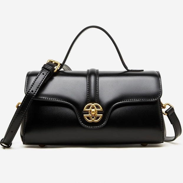 Women's Genuine Leather Top-Handle Bag with Signature Gilded Lock Closure