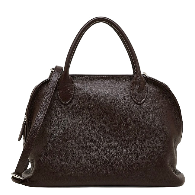 Brown leather handbag with a shoulder strap on a white background