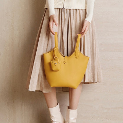 Women's Elegant Pebbled Leather Bucket Bag with Mini Pouch