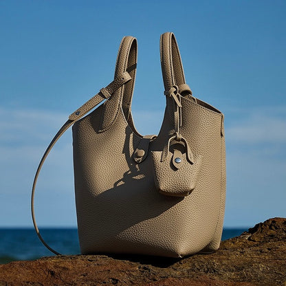 Women's Elegant Pebbled Leather Bucket Bag with Mini Pouch
