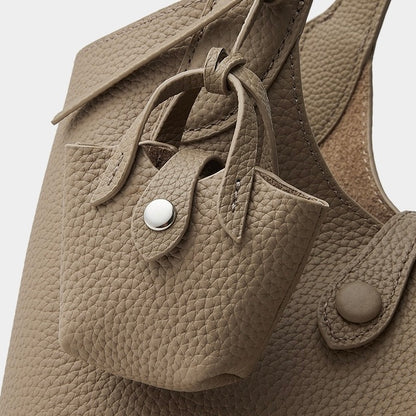Women's Elegant Pebbled Leather Bucket Bag with Mini Pouch
