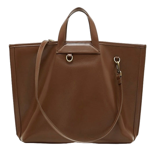 Brown leather tote bag on a white background