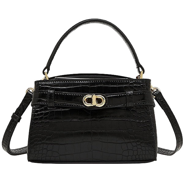 Black crocodile-patterned handbag with a gold clasp on a white background