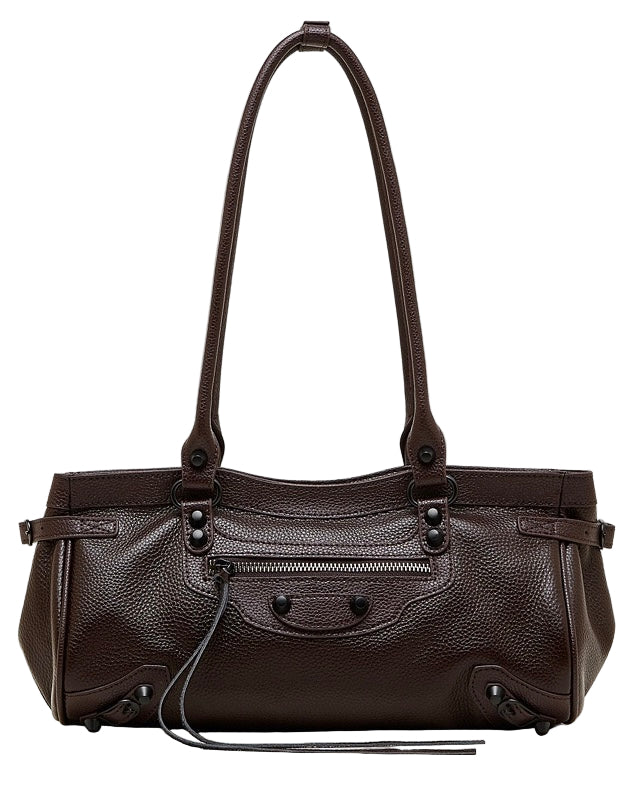 Brown leather handbag with a shoulder strap on a white background