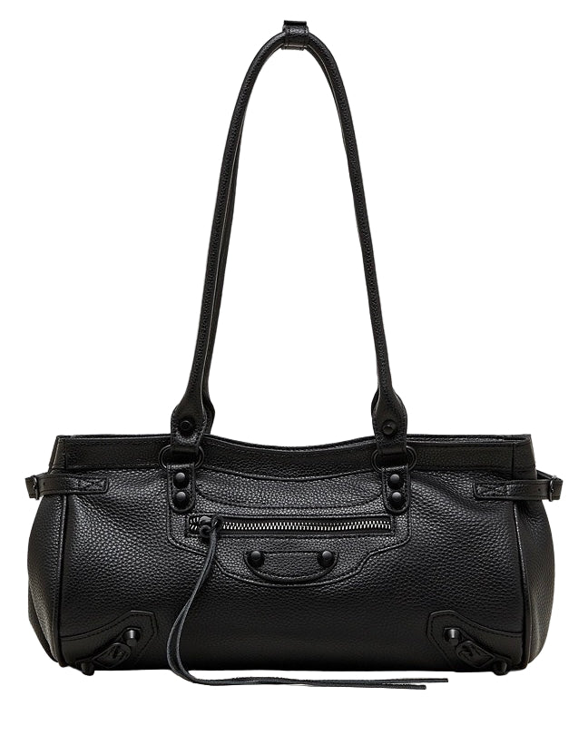 Black leather handbag on a white background