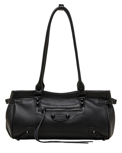 Black leather handbag on a white background