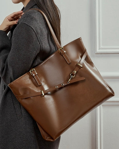 Genuine Leather Casual Tote – Large Capacity with Signature Lock Closure