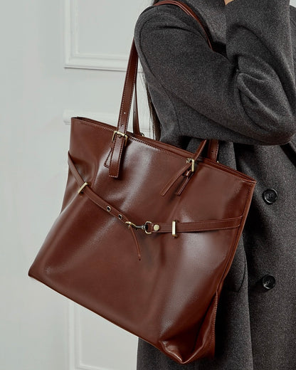 Genuine Leather Casual Tote – Large Capacity with Signature Lock Closure