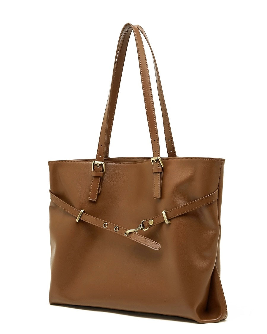 Genuine Leather Casual Tote – Large Capacity with Signature Lock Closure