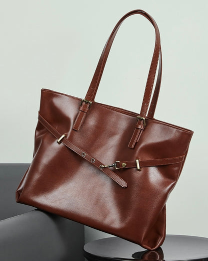 Genuine Leather Casual Tote – Large Capacity with Signature Lock Closure