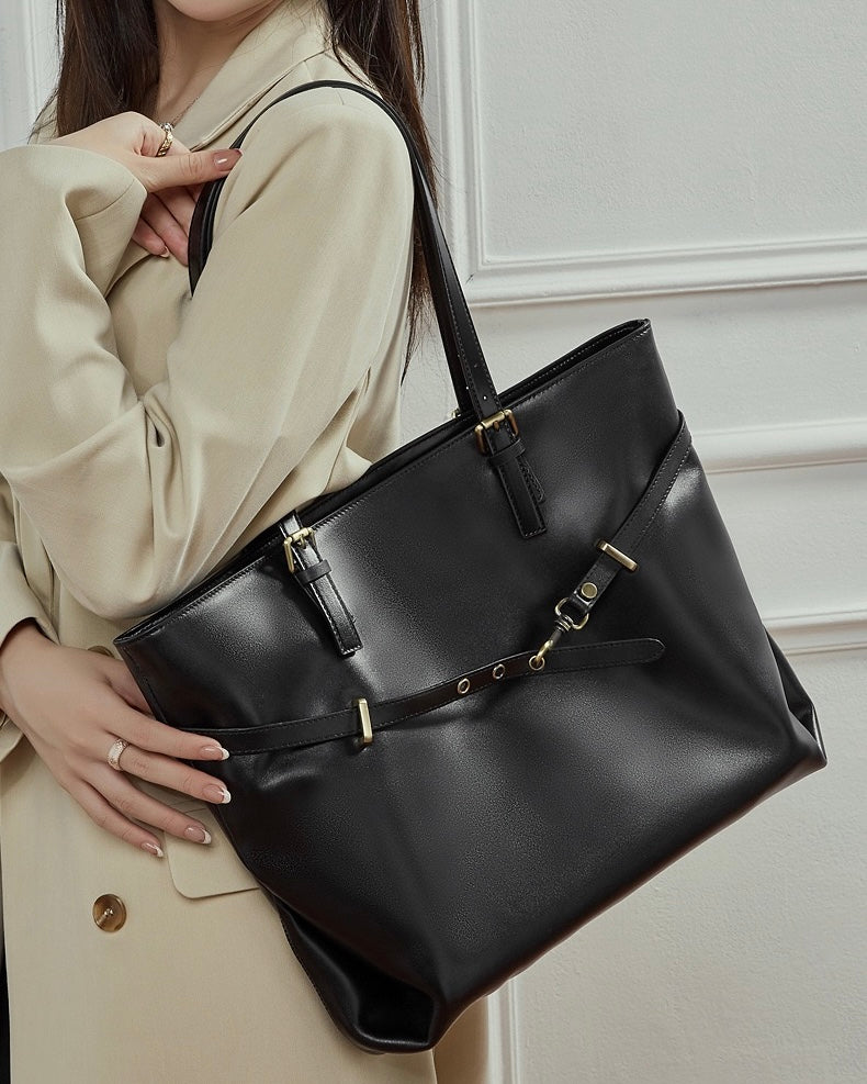Genuine Leather Casual Tote – Large Capacity with Signature Lock Closure
