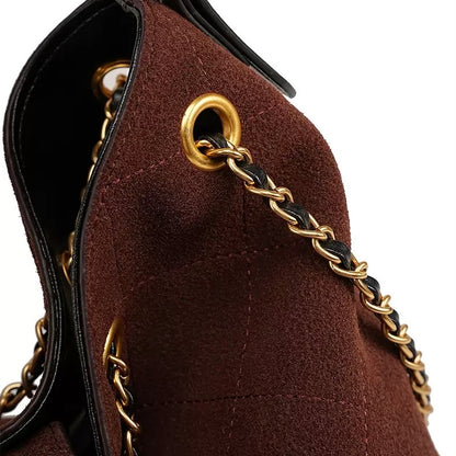 Suede Genuine Leather Color Block Chain Bucket Bag