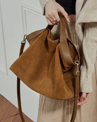 Bolso Tote Estructurado de Ante de Chocolate y Cuero Genuino