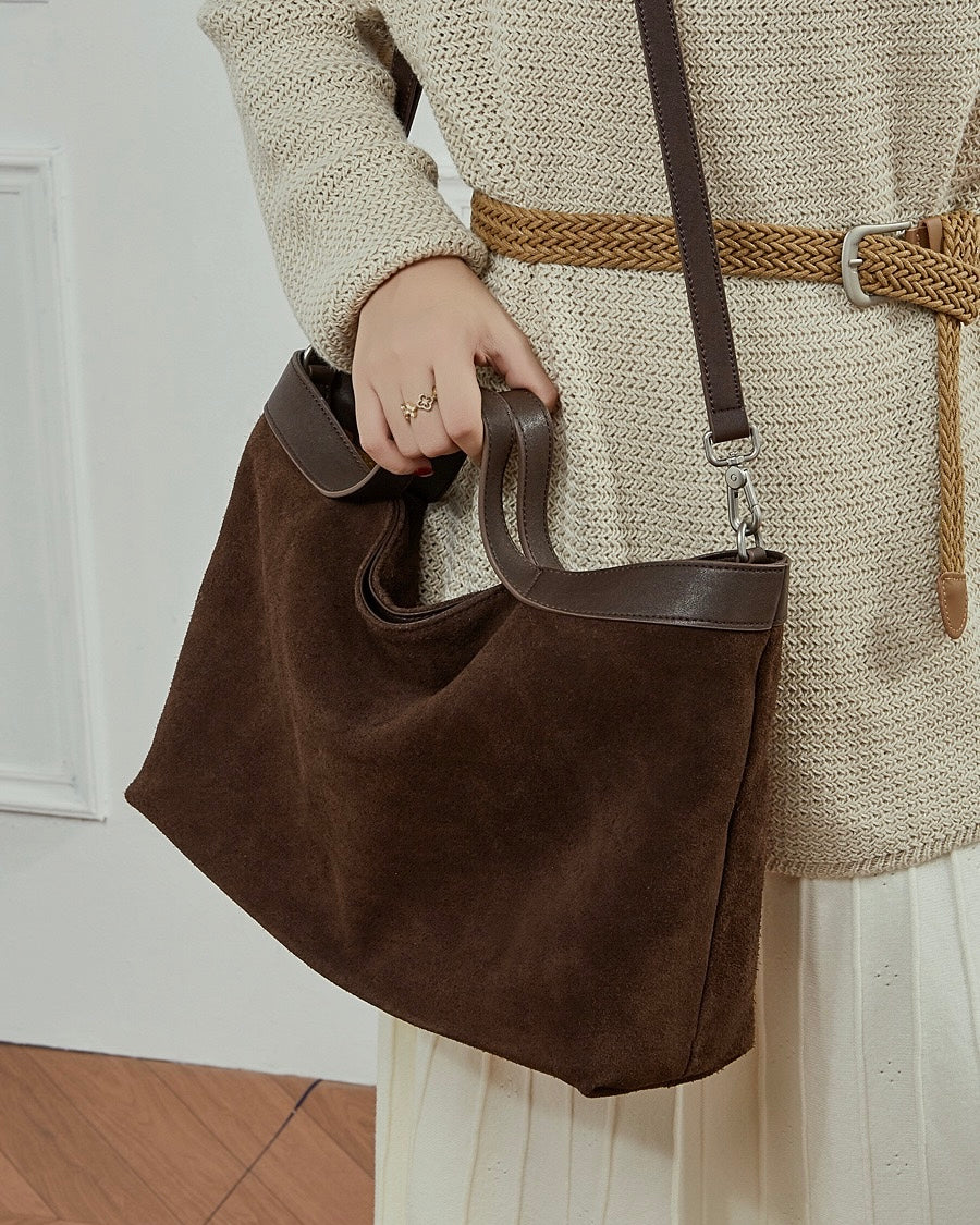 Bolso Tote Estructurado de Ante de Chocolate y Cuero Genuino