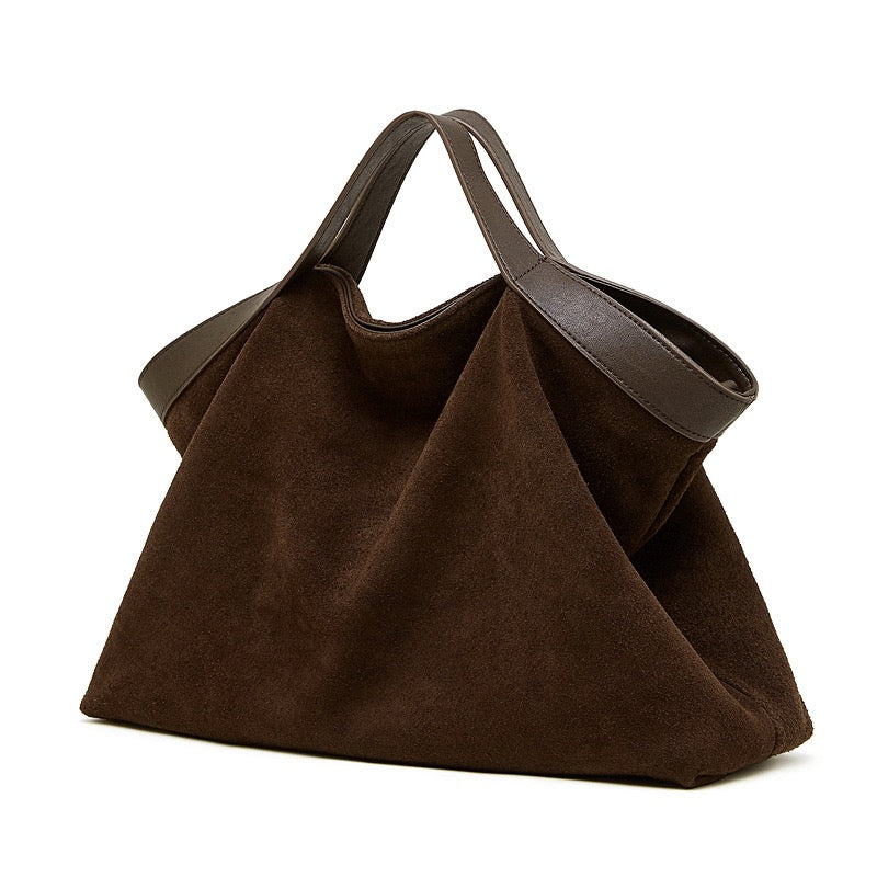 Bolso Tote Estructurado de Ante de Chocolate y Cuero Genuino