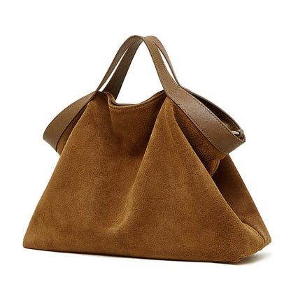 Bolso Tote Estructurado de Ante de Chocolate y Cuero Genuino