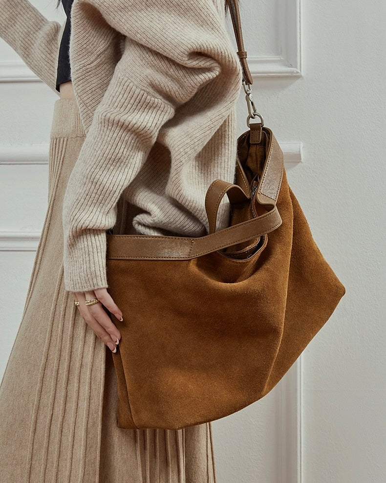 Chocolate Suede & Genuine Leather Structured Tote Bag – VELOISSE