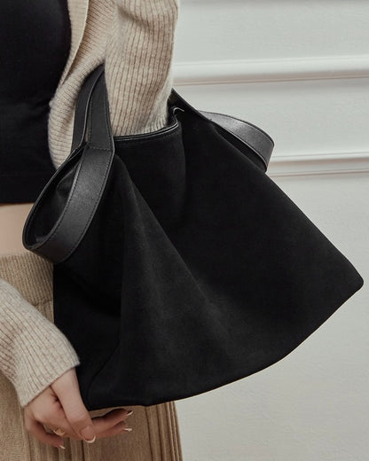 Bolso Tote Estructurado de Ante de Chocolate y Cuero Genuino