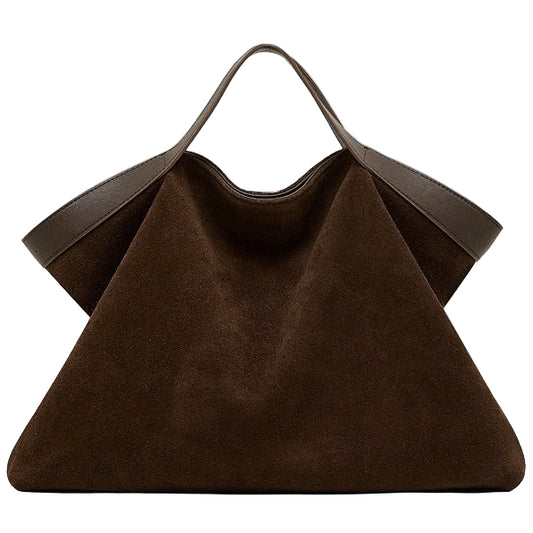 Brown handbag with a unique design on a white background
