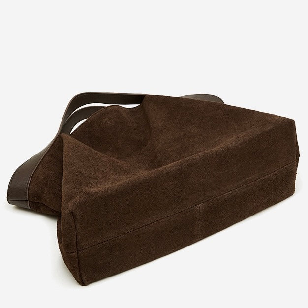 Bolso Tote Estructurado de Ante de Chocolate y Cuero Genuino