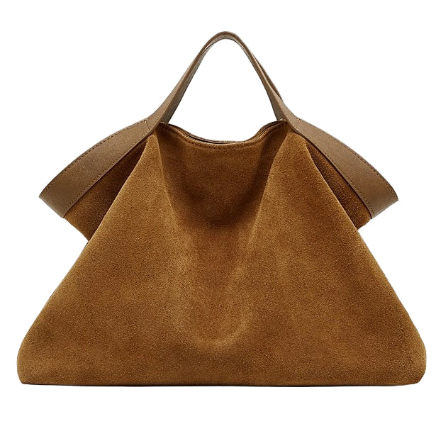 Brown suede handbag on a white background