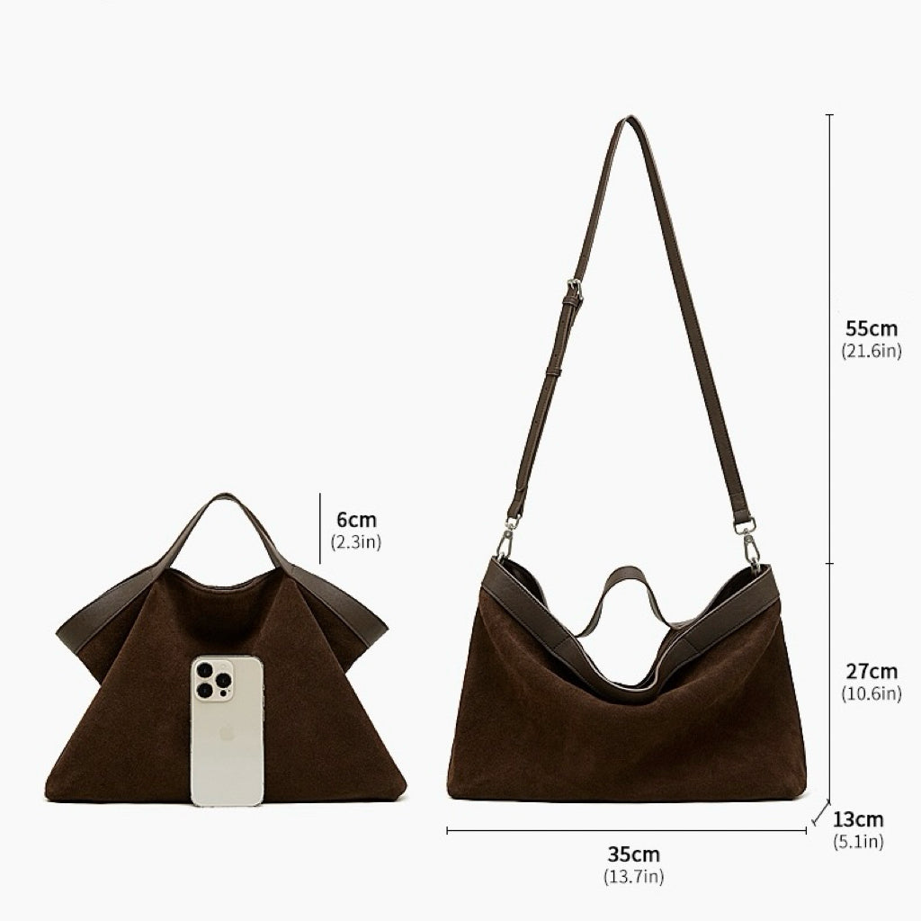 Bolso Tote Estructurado de Ante de Chocolate y Cuero Genuino