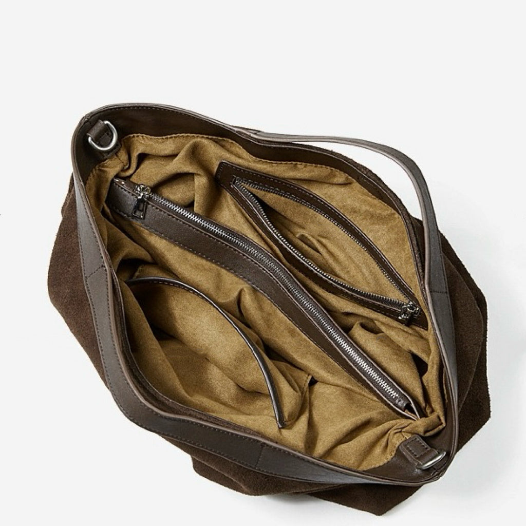 Bolso Tote Estructurado de Ante de Chocolate y Cuero Genuino