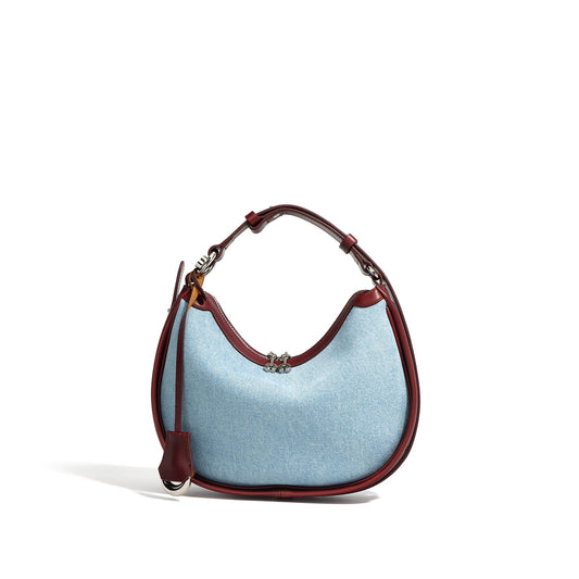 Sac bandoulière Crescent en cuir véritable et denim pour femme – Mini édition printemps/été