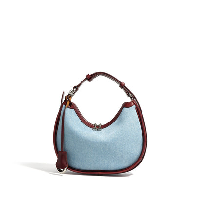 Damen-Umhängetasche aus echtem Leder und Denim „Crescent“ – Mini-Edition Frühling/Sommer
