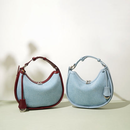 Damen-Umhängetasche aus echtem Leder und Denim „Crescent“ – Mini-Edition Frühling/Sommer