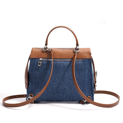 Women’s Genuine Leather & Denim Patchwork Backpack – Large Capacity Commuter Bag
