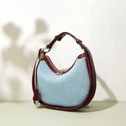 Damen-Umhängetasche aus echtem Leder und Denim „Crescent“ – Mini-Edition Frühling/Sommer