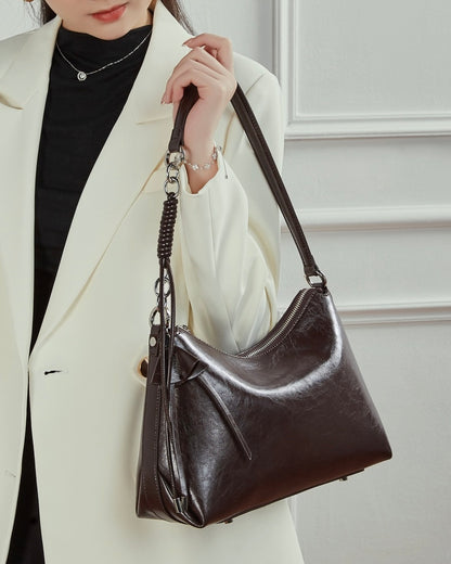 Bolso Hobo de Cuero Genuino para Mujer con Correa Anudada y Detalle de Lazo