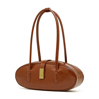 Women's Top Grain Cowhide Single Shoulder Handheld Baguette Bag
