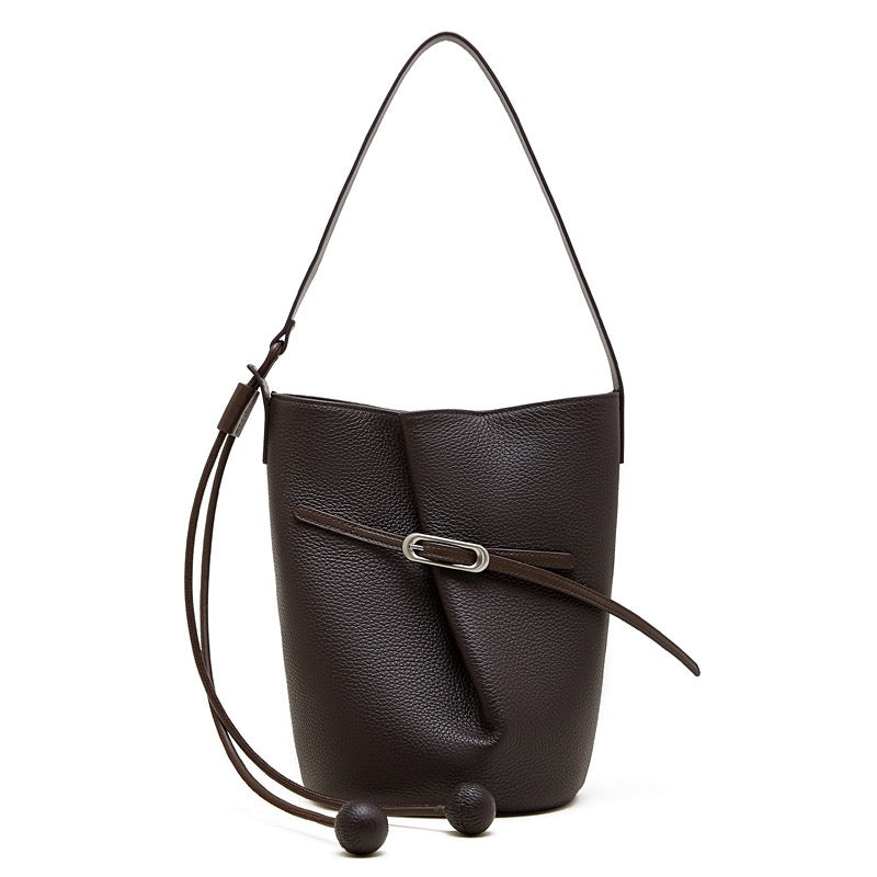 Women's Pebbled Leather Bucket Bag with Knot & Sphere Detail