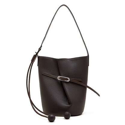 Women's Pebbled Leather Bucket Bag with Knot & Sphere Detail