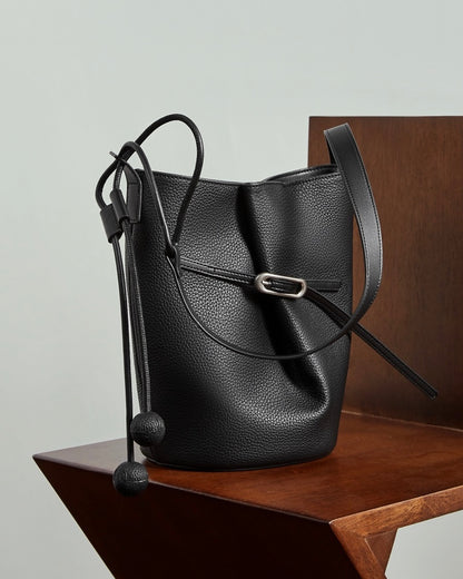 Women's Pebbled Leather Bucket Bag with Knot & Sphere Detail