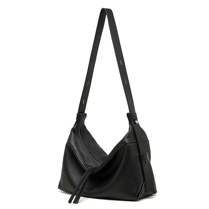 Women's Genuine Pebbled Leather Crescent Bag with Tassel Accent