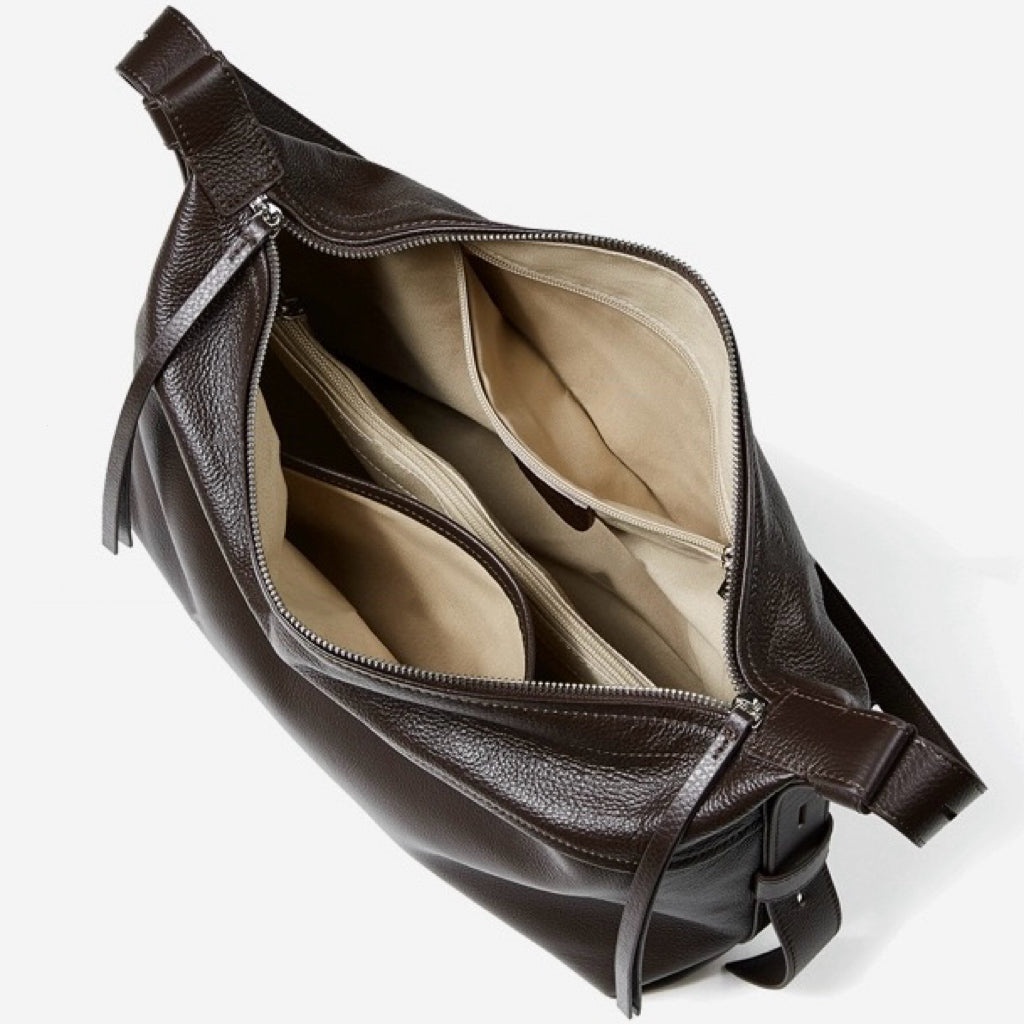 Women's Genuine Pebbled Leather Crescent Bag with Tassel Accent