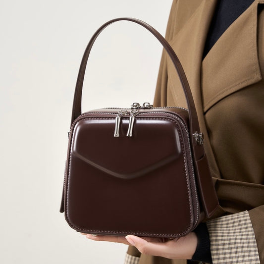 Women's Trapezoidal Ear Genuine Leather Handheld Shoulder Bag