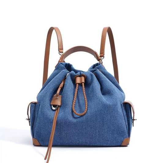 Women's Genuine Leather Denim Patchwork Cool Travel Backpack