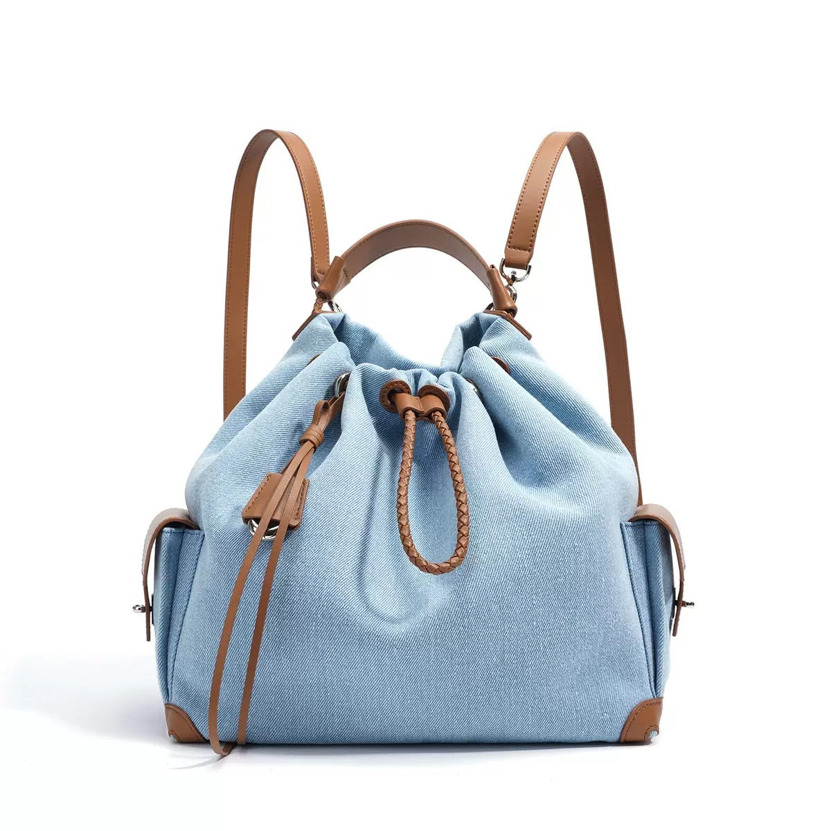 Beg Hobo Sejuk Kulit Asli Wanita dengan Tampalan Denim