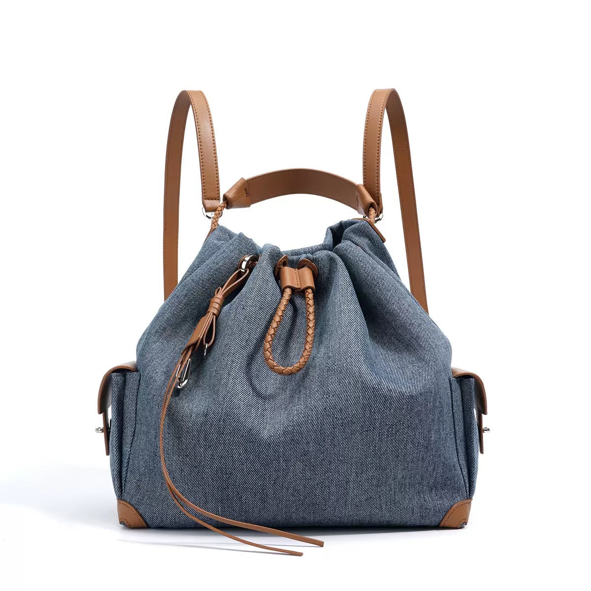 Beg Hobo Sejuk Kulit Asli Wanita dengan Tampalan Denim