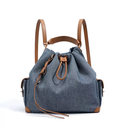 Beg Hobo Sejuk Kulit Asli Wanita dengan Tampalan Denim