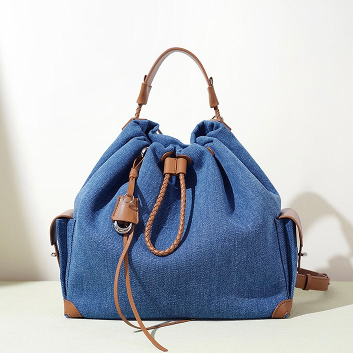 Beg Hobo Sejuk Kulit Asli Wanita dengan Tampalan Denim
